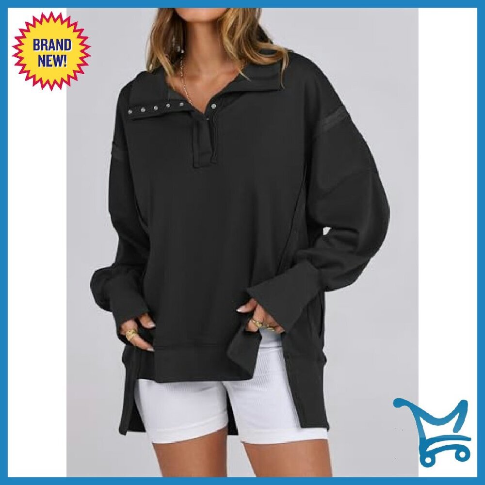 Oversized Henley Sweatshirt, Rayon Polyester Blend, High Low Split - Picture 4 of 8